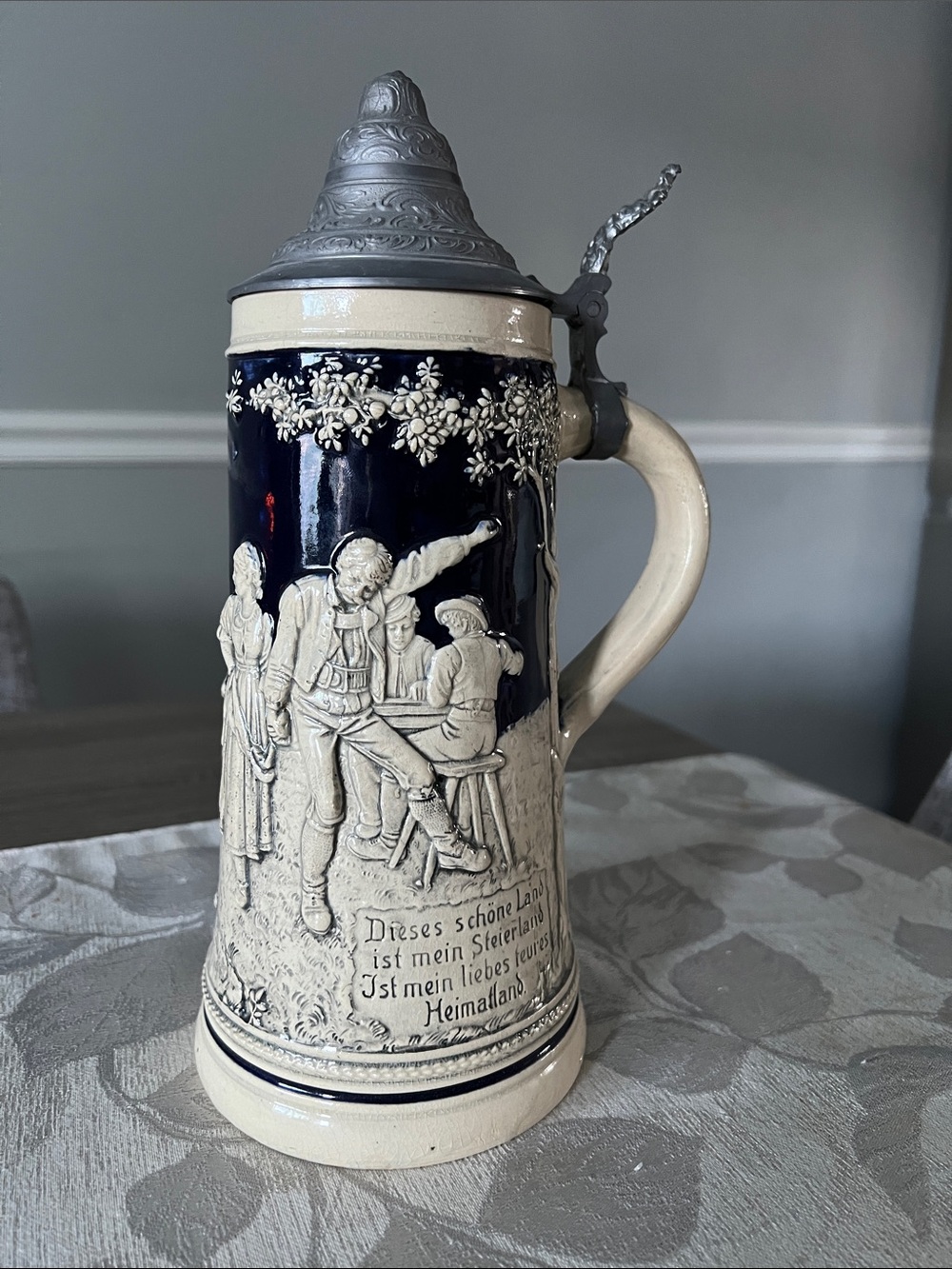 Vintage-Style Ceramic Navy and Cream Beer Stein with Pewter Lid